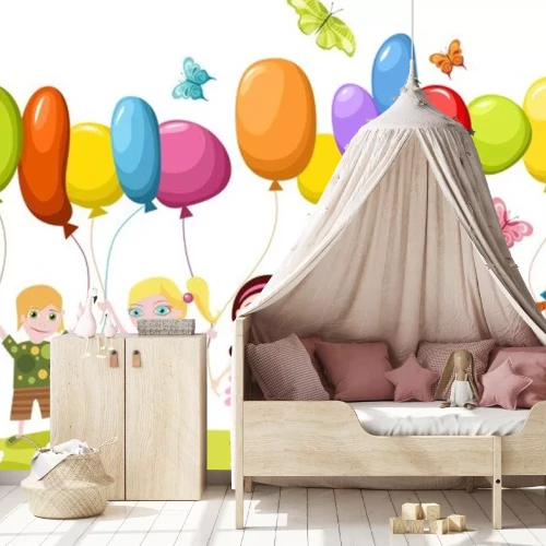 Sticker Kinderen op een rij met kleurrijke ballonnen