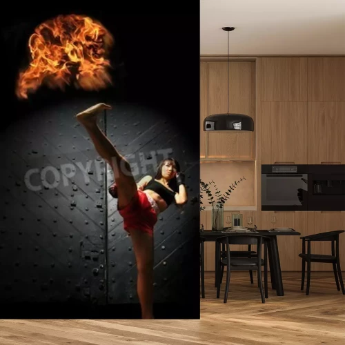 Fotobehang Vrouwelijke bokser op zwarte achtergrond