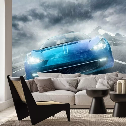 Fotobehang Vooraanzicht van een auto die in de regen rijdt