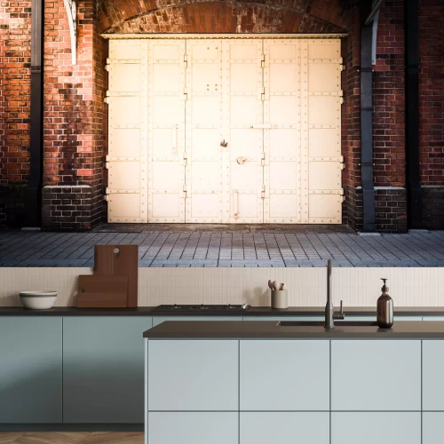 Fotobehang Steel Door in a red brick wall background