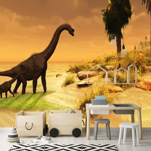 Fotobehang Grote en kleine dinosaurus op het eiland