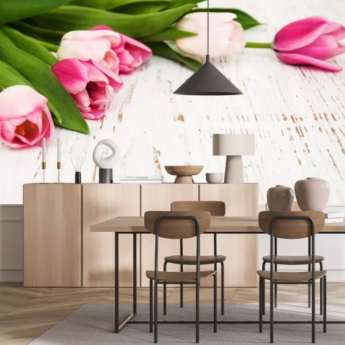 Sticker Pastelkleurige tulpen op planken