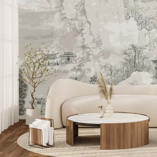 Fotobehang Chinees landschap met kersenbloesems