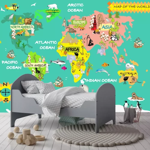 Fotobehang Wereldkaart voor kinderen met oceanen