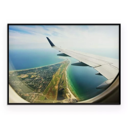 Poster Uitzicht op het schiereiland en de vleugel vanuit het vliegtuigraam.