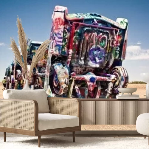 Fotobehang Oude auto's in de woestijn