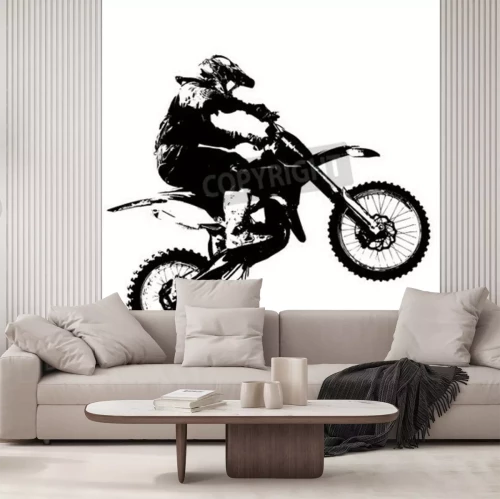 Fotobehang Zwart silhouet van een motorrijder op een witte achtergrond