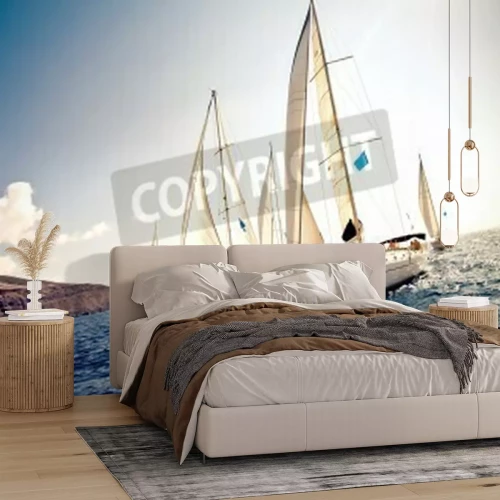 Fotobehang Zeilboten bij rotsen