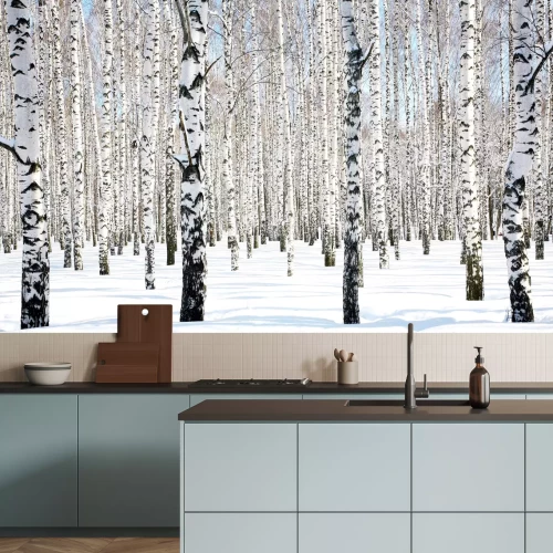 Fotobehang Berken en sneeuw