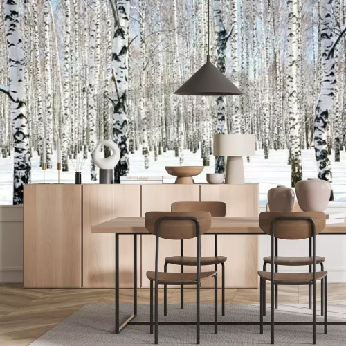 Fotobehang Berken en sneeuw