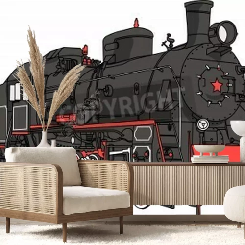 Fotobehang Zwart-rode trein