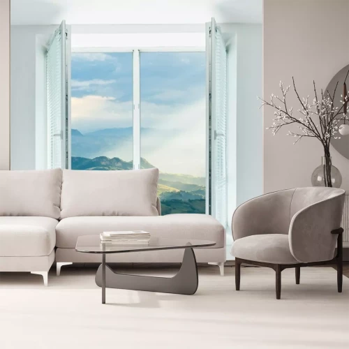 Fotobehang Een raam met uitzicht op de heuvels