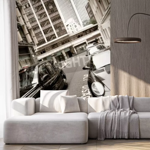 Fotobehang Zwarte taxi in een zakenwijk