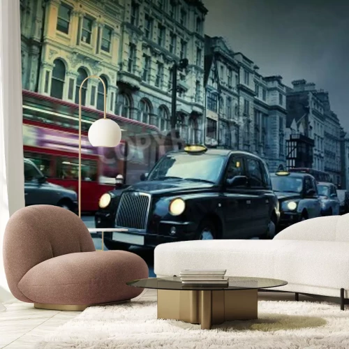Fotobehang Londense taxi's zwarte auto's