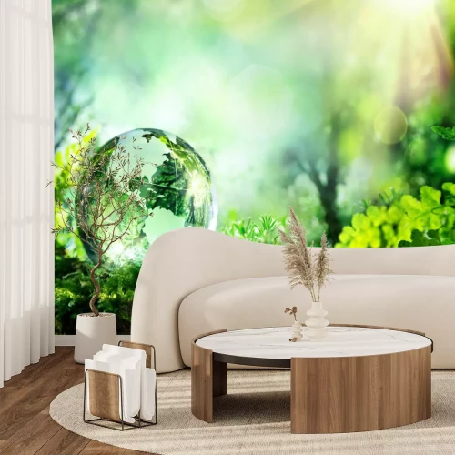 Fotobehang Kristallen bol op mos in het bos - Milieuconcept