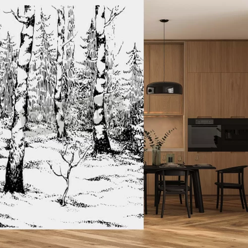 Fotobehang Zwart-wit illustratie met berken