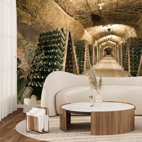 Fotobehang Ondergrondse kelder met flessen wijn