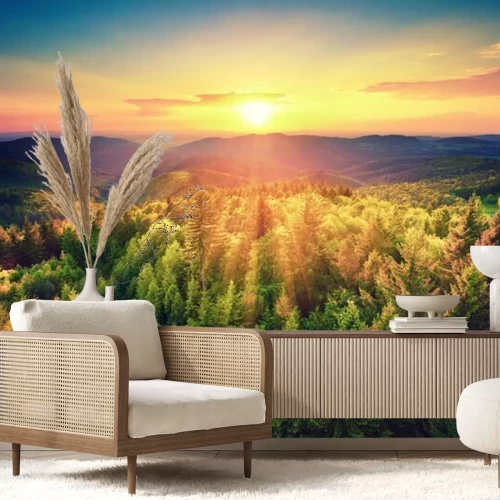 Fotobehang Bergen bos en zonsondergang