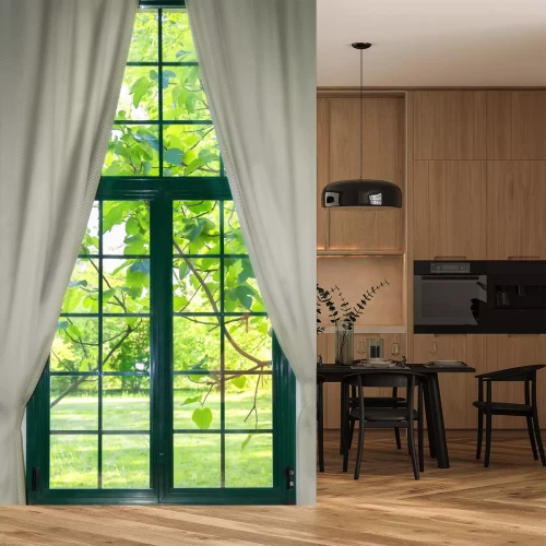 Fotobehang garden through the widow with curtains