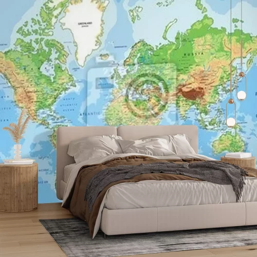 Fotobehang Nauwkeurige fysieke kaart van de wereld