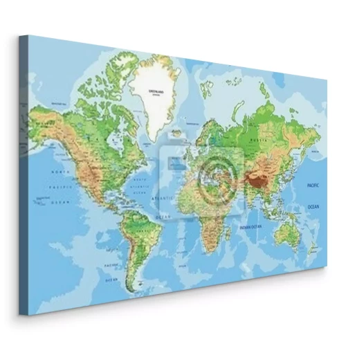 Canvas Nauwkeurige fysieke kaart van de wereld