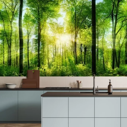 Fotobehang Zonnestralen in het groene bos