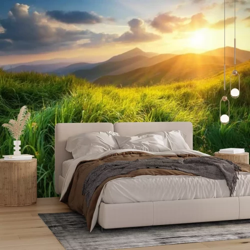 Fotobehang Bergdal bij zonsopgang