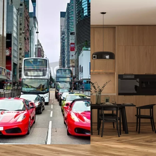 Fotobehang HONG KONG - 19 mei 2013: Luxe Ferarri auto's op Nathan Road. Nathan Road is een belangrijke doorgaande weg door middel van Kowloon en is lijn met winkels en restaurants.