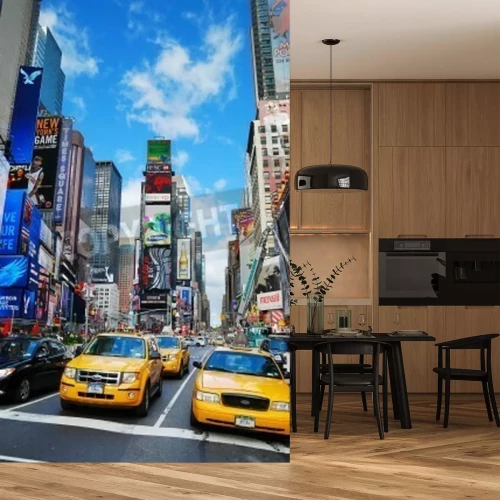 Fotobehang Taxi's tussen kleurrijke gebouwen