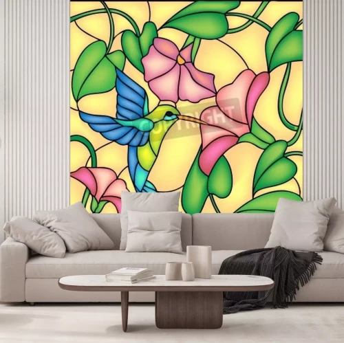 Fotobehang Vogel en bloemen als glas-in-lood raam