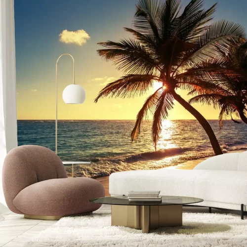 Fotobehang Strand zee en tropische bomen