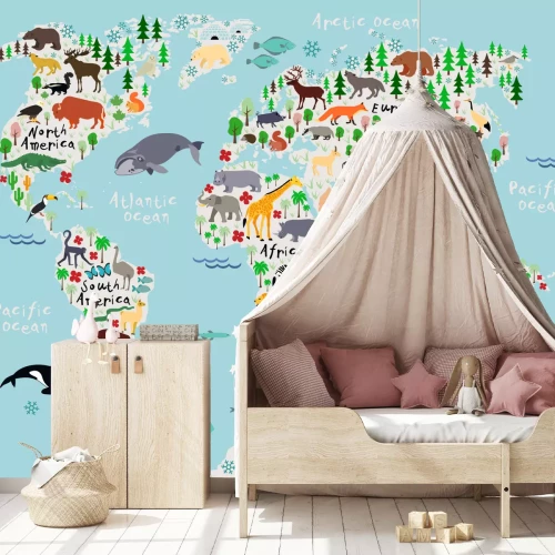 Fotobehang Wereldkaart met oceanen en dieren