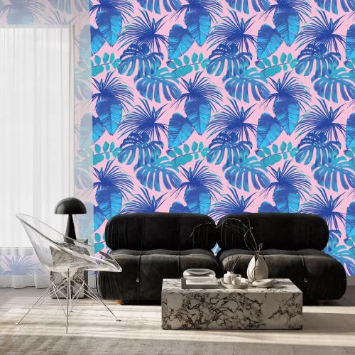 Behang Blauwe bladeren op pastelroze