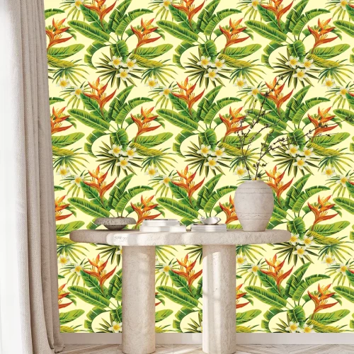 Behang Tropische bladeren en exotische bloemen