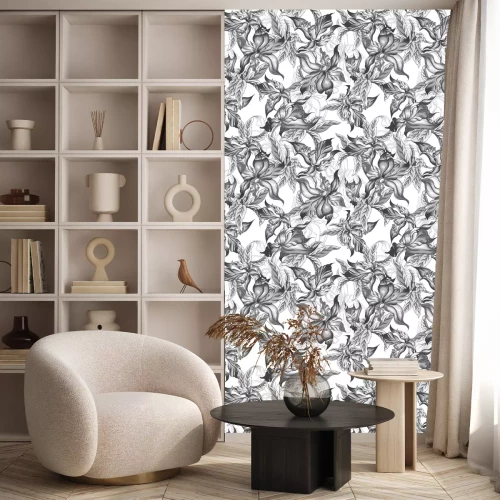 Behang Zwart-wit motief met orchideeën en bladeren