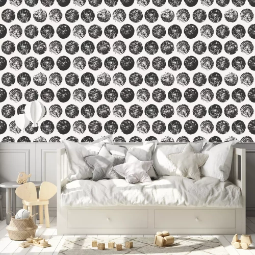 Behang Zwart en grijs motief met graffiti cirkels