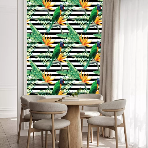 Behang papegaai en exotische bloemen patroon