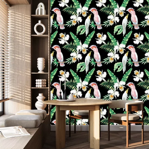 Behang parrots exotic floral seamless background