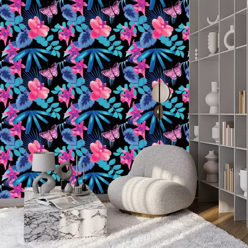 Behang orchids, butterflies and palm leaves pattern