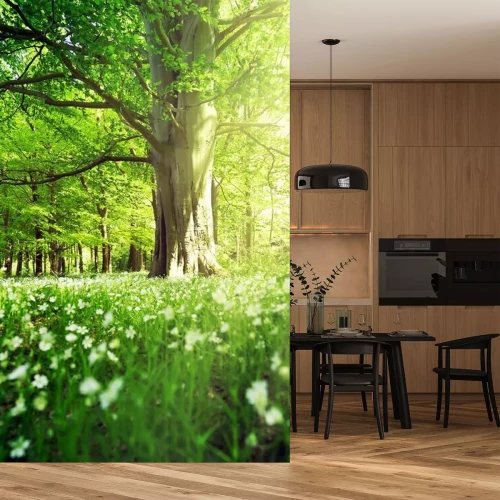 Fotobehang Een loofbos in de lente, vol frisgroen.