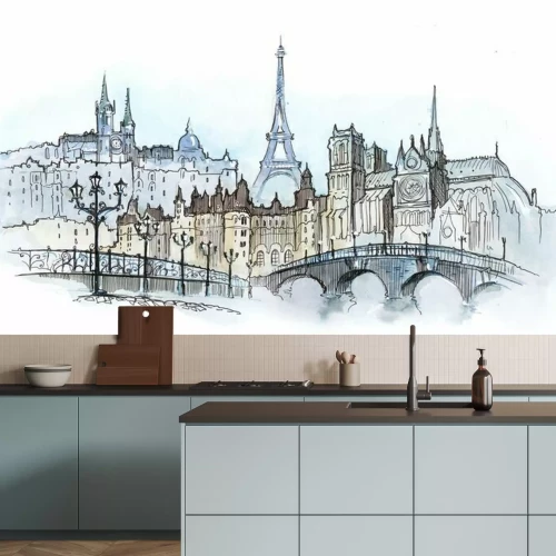 Fotobehang Aquarelpanorama van Parijs