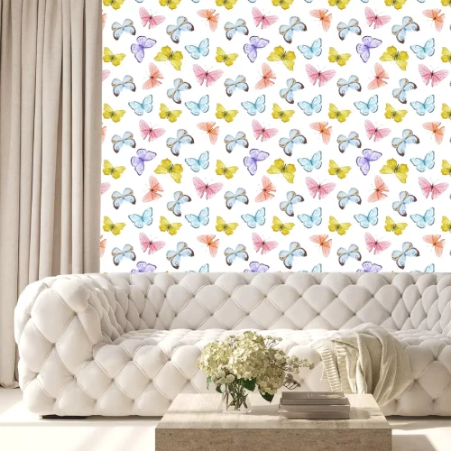 Behang Roze violet gele en blauwe vlinders