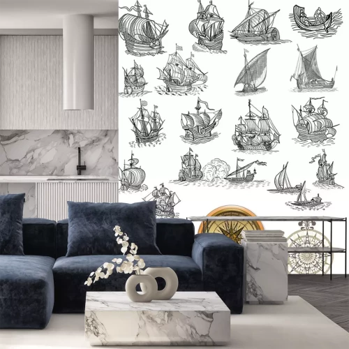 Sticker Zee en schetsen van verschillende schepen