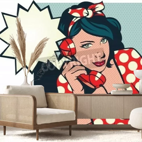 Fotobehang Retro meisje met telefoon