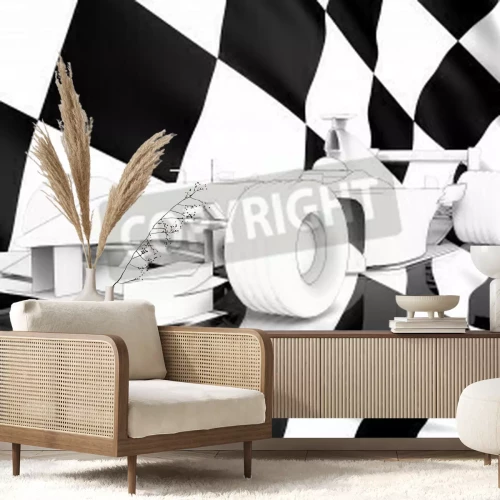 Fotobehang Een raceauto met een vlag op de achtergrond