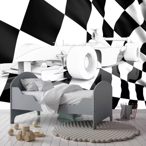 Fotobehang Een raceauto met een vlag op de achtergrond