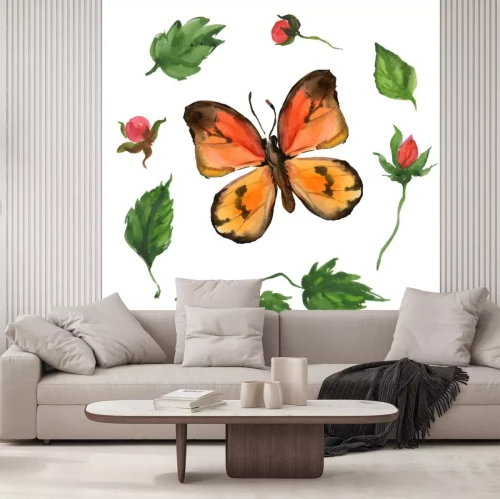 Sticker Oranje vlinder en bladeren