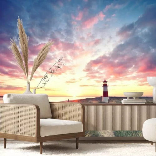 Fotobehang Vuurtoren Sylt kleurrijk landschap