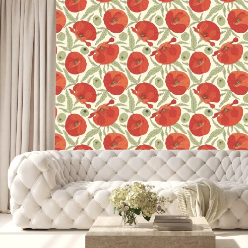 Behang Klaprozen en bladeren in een grafische stijl