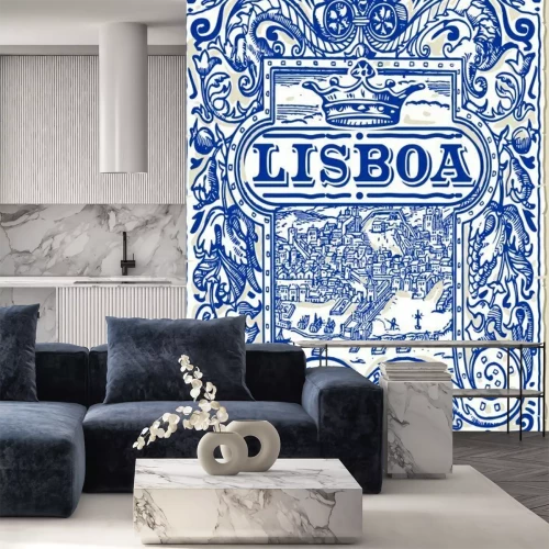 Sticker Oude illustratie met de skyline van Lissabon